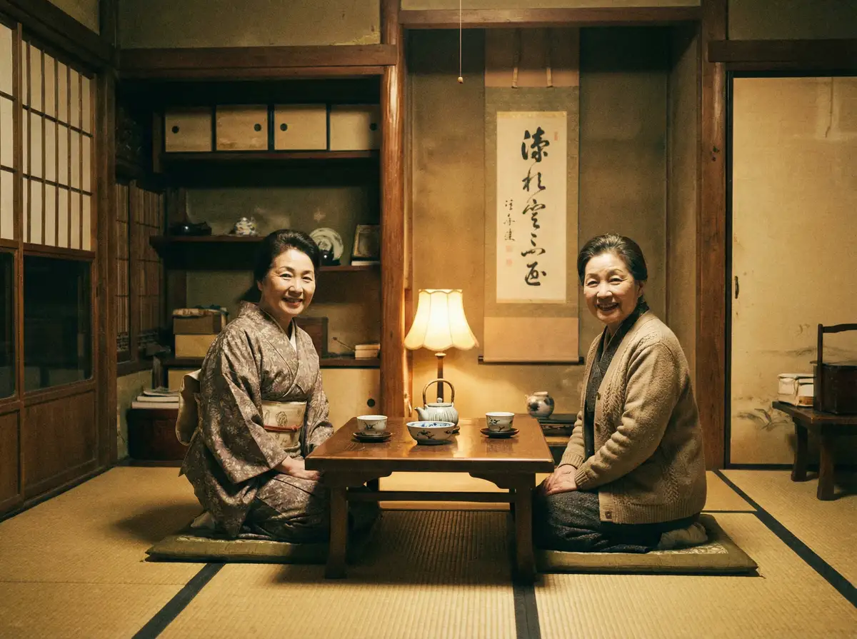 两位优雅的 姜仁卿 在日式茶室中品茶交谈